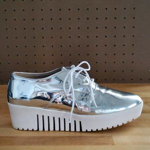 Silver Metallic Mirror Platform Lace Up Oxford Derby Size 7.5